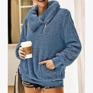 Kirundo woman’s 2024 winter lapel fuzzy fleece sweatshirt in faux shearling. XL